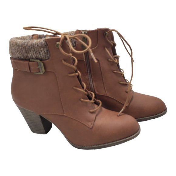 Daisy Fuentes Side Zip Ankle Boots 11M Women's Knit Cuff Brown Block Heel Buckle - Picture 1 of 13